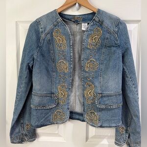 Stylish Blue Denim Jacket with Tan Embroidery Cropped